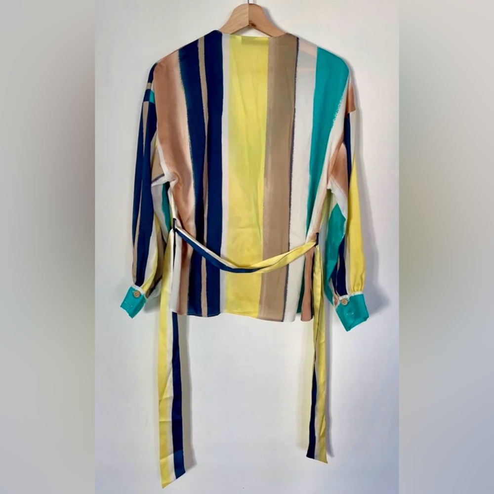 Zara NWOT Multicolor Striped Wrap Flowy Blouse W/Belt. Long Sleeves. Size Small. - Picture 3 of 12
